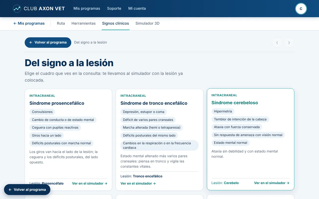 Tarjetas del signo a la lesión, cada una con su botón para verla en el simulador